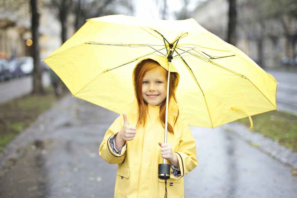 photo of smiling girl in yellow raincoat holding a yellow umbrella while giving one thumbs up